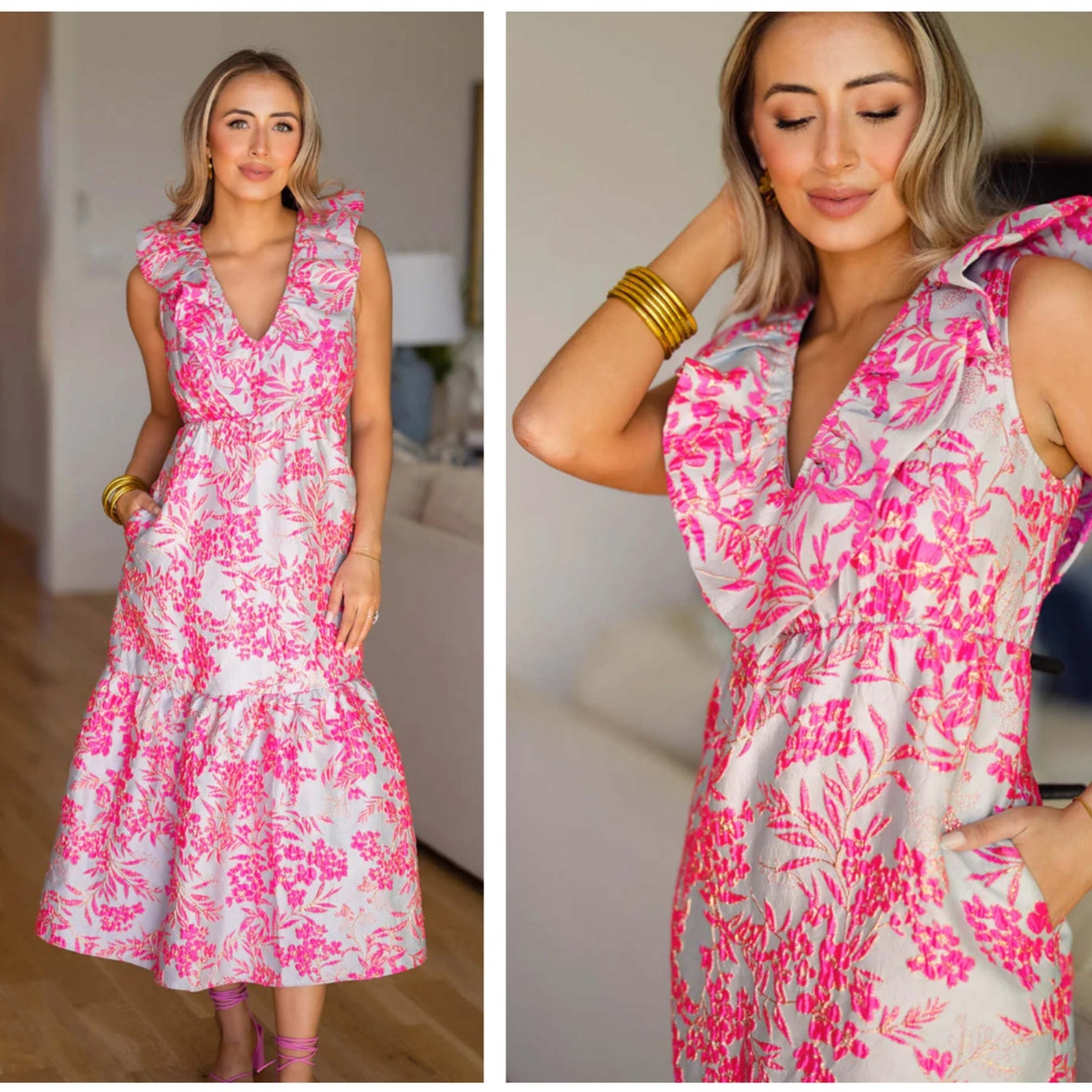 Buddy Love Angie Bristol Brocade Ruffle Midi Dress Pink Gray Sz L $146 {3n10}